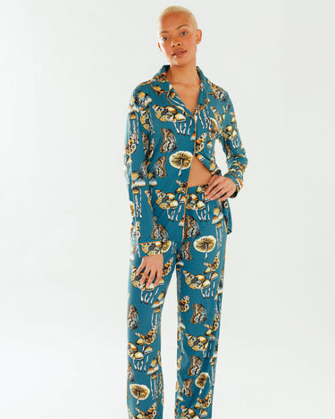 Black Mystical Mushroom Button Up Long Pyjama Set